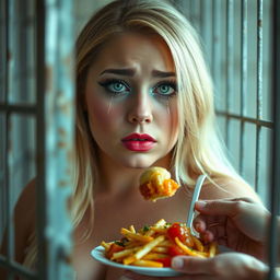 A beautiful, chubby 19-year-old woman with long blonde hair and a round face