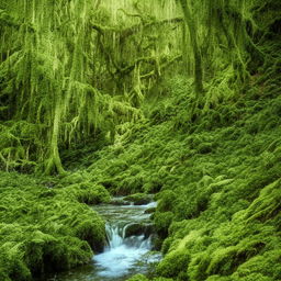 A tranquil, low stream flowing gently through a dense, lush forest.