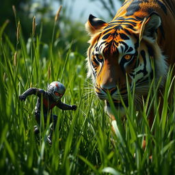 A captivating scene featuring Ant-Man scurrying through tall green grass, showcasing his small stature against the vastness of the environment