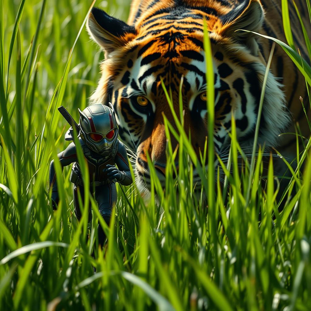 A captivating scene featuring Ant-Man scurrying through tall green grass, showcasing his small stature against the vastness of the environment