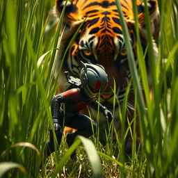 A captivating scene featuring Ant-Man scurrying through tall green grass, showcasing his small stature against the vastness of the environment