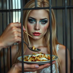 A strikingly beautiful and angular 19-year-old woman with long blonde hair and sharp features