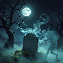 A chilling and atmospheric scene depicting whispers emanating from an ancient grave