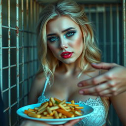 A captivating, meaty 19-year-old woman with luscious blonde hair and a radiant appearance
