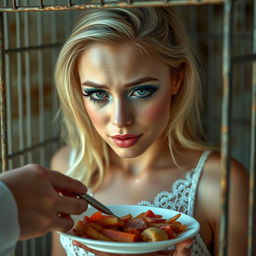 A captivating, meaty 19-year-old woman with luscious blonde hair and a radiant appearance