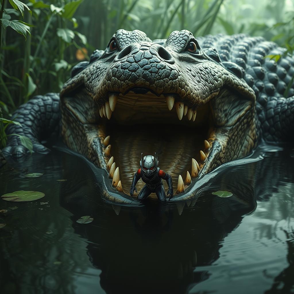 An intense scene showcasing Ant-Man shrinking down to a tiny size in a murky swamp environment, highlighting his vulnerability as he narrowly escapes a massive crocodile with its jaws wide open, ready to snap shut