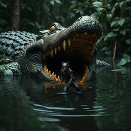 An intense scene showcasing Ant-Man shrinking down to a tiny size in a murky swamp environment, highlighting his vulnerability as he narrowly escapes a massive crocodile with its jaws wide open, ready to snap shut