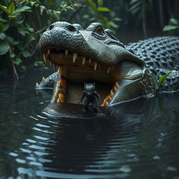 An intense scene showcasing Ant-Man shrinking down to a tiny size in a murky swamp environment, highlighting his vulnerability as he narrowly escapes a massive crocodile with its jaws wide open, ready to snap shut