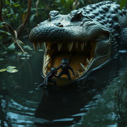 An intense scene showcasing Ant-Man shrinking down to a tiny size in a murky swamp environment, highlighting his vulnerability as he narrowly escapes a massive crocodile with its jaws wide open, ready to snap shut