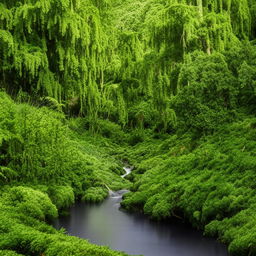 A tranquil, low stream flowing gently through a dense, lush forest.