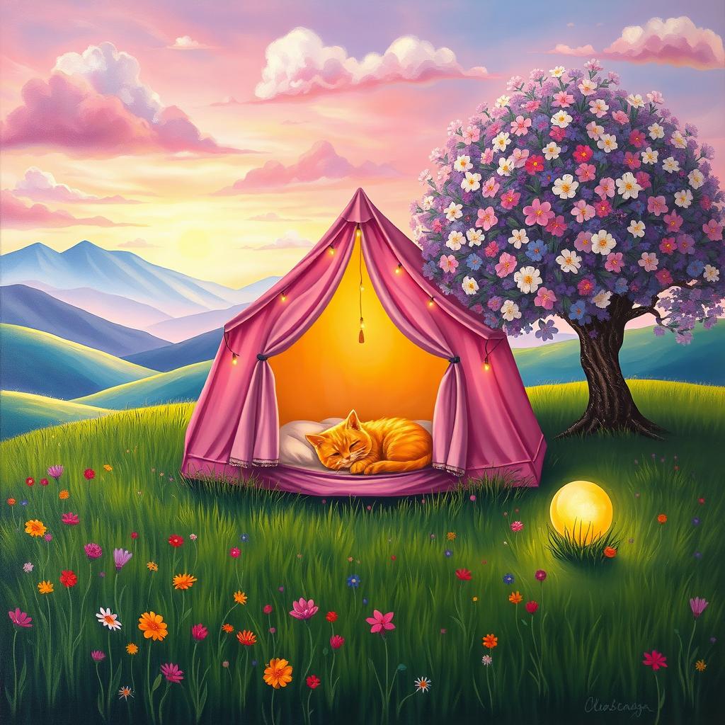 A whimsical, idyllic landscape painting featuring a pink tent glowing warmly with fairy lights