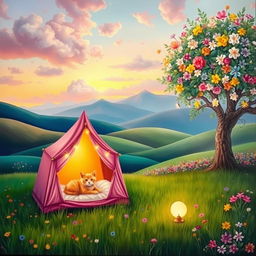 A whimsical, idyllic landscape painting featuring a pink tent glowing warmly with fairy lights