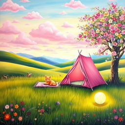 A whimsical, idyllic landscape painting featuring a pink tent glowing warmly with fairy lights