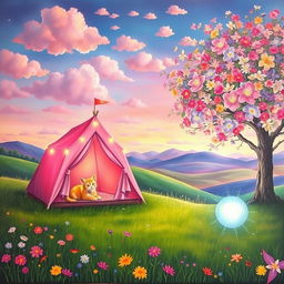 A whimsical, idyllic landscape painting featuring a pink tent glowing warmly with fairy lights