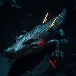 A striking image of a crocodile enhanced with futuristic features, showcasing armored scales that glisten with a metallic sheen in a shadowy environment