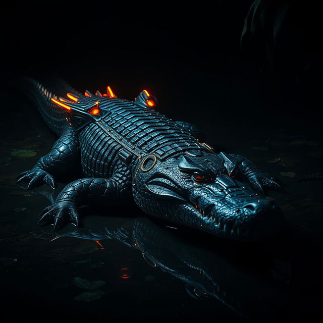 A striking image of a crocodile enhanced with futuristic features, showcasing armored scales that glisten with a metallic sheen in a shadowy environment