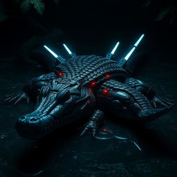 A striking image of a crocodile enhanced with futuristic features, showcasing armored scales that glisten with a metallic sheen in a shadowy environment