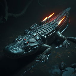 A striking image of a crocodile enhanced with futuristic features, showcasing armored scales that glisten with a metallic sheen in a shadowy environment