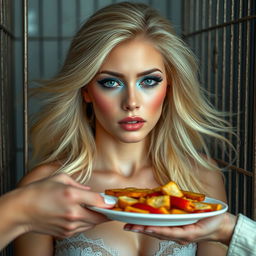 A gorgeous, fleshy 19-year-old woman with flowing blonde hair and captivating features