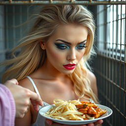 A gorgeous, fleshy 19-year-old woman with flowing blonde hair and captivating features