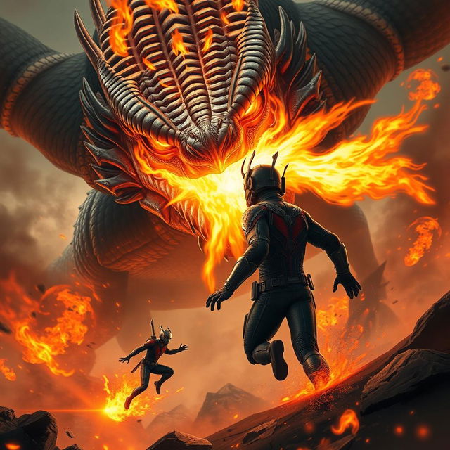 An exhilarating moment depicting Ant-Man as he shrinks down to evade a powerful fiery breath attack from a massive, menacing dragon