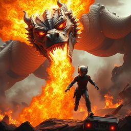 An exhilarating moment depicting Ant-Man as he shrinks down to evade a powerful fiery breath attack from a massive, menacing dragon
