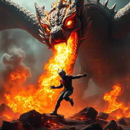 An exhilarating moment depicting Ant-Man as he shrinks down to evade a powerful fiery breath attack from a massive, menacing dragon