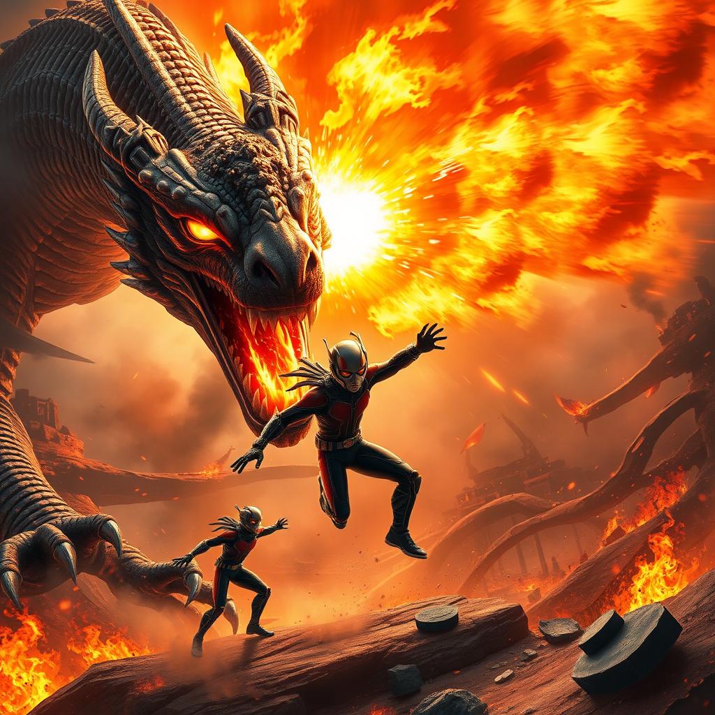 An exhilarating moment depicting Ant-Man as he shrinks down to evade a powerful fiery breath attack from a massive, menacing dragon