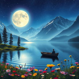A breathtaking fantasy landscape depicting a serene lake surrounded by majestic mountains under a starlit sky