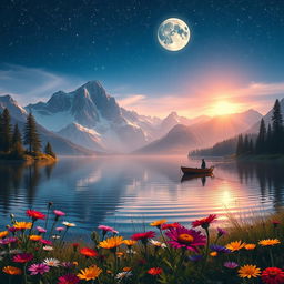 A breathtaking fantasy landscape depicting a serene lake surrounded by majestic mountains under a starlit sky
