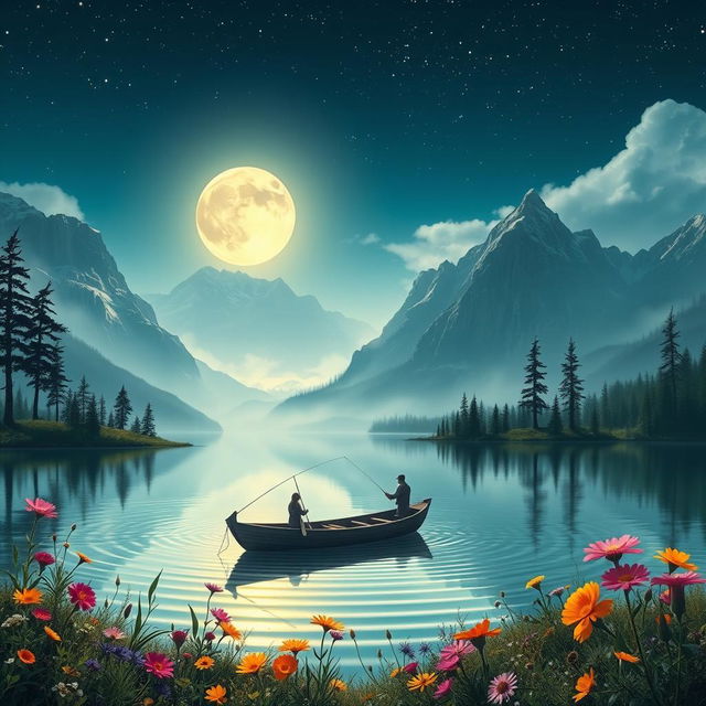 A breathtaking fantasy landscape depicting a serene lake surrounded by majestic mountains under a starlit sky