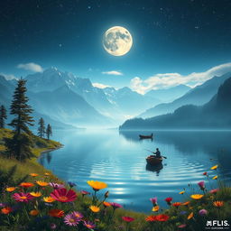 A breathtaking fantasy landscape depicting a serene lake surrounded by majestic mountains under a starlit sky