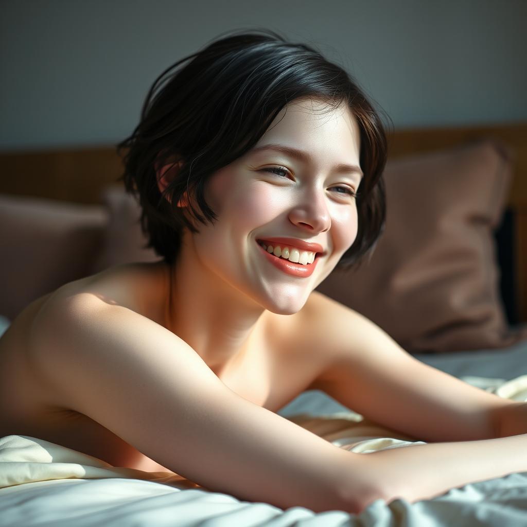 A full-length portrait of a smiling young albino woman resembling Venus, with short dark hair, lying comfortably on a bed