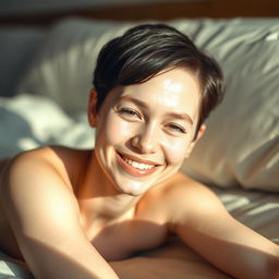 A full-length portrait of a smiling young albino woman resembling Venus, with short dark hair, lying comfortably on a bed