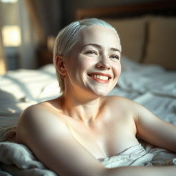 A full-length portrait of a smiling young albino woman resembling Venus, with short dark hair, lying comfortably on a bed
