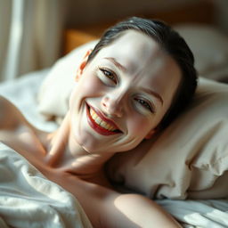 A full-length portrait of a smiling young albino woman resembling Venus, with short dark hair, lying comfortably on a bed