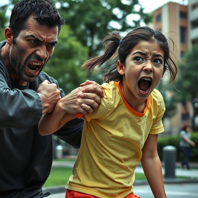 A tense urban scene depicting a kidnapping situation where a brave 11-year-old girl is fighting back and managing to escape