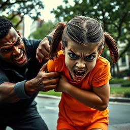 A tense urban scene depicting a kidnapping situation where a brave 11-year-old girl is fighting back and managing to escape