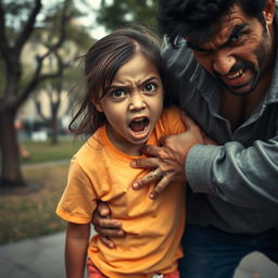 A tense urban scene depicting a kidnapping situation where a brave 11-year-old girl is fighting back and managing to escape