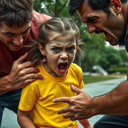 A tense urban scene depicting a kidnapping situation where a brave 11-year-old girl is fighting back and managing to escape