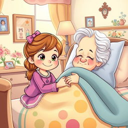 A heartwarming cartoon illustration of a young girl named Sofia caring for her sick grandmother with love and patience