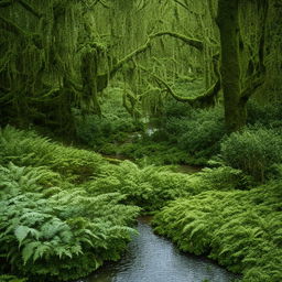 A tranquil, low stream flowing gently through a dense, lush forest.