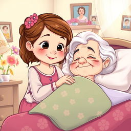 A heartwarming cartoon illustration of a young girl named Sofia caring for her sick grandmother with love and patience