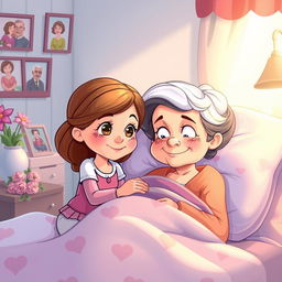 A heartwarming cartoon illustration of a young girl named Sofia caring for her sick grandmother with love and patience