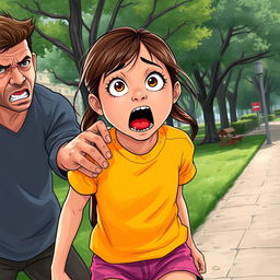 A dramatic illustration depicting a kidnapping scene in an urban setting, perhaps near a park or pathway