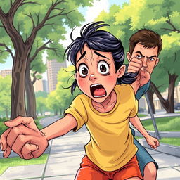 A dramatic illustration depicting a kidnapping scene in an urban setting, perhaps near a park or pathway