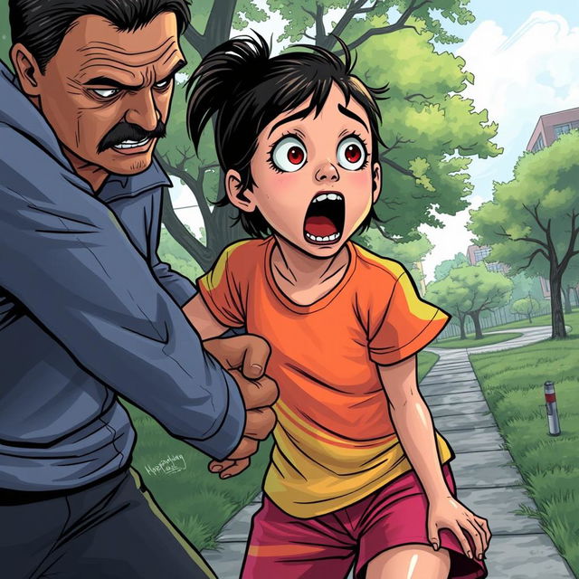 A dramatic illustration depicting a kidnapping scene in an urban setting, perhaps near a park or pathway