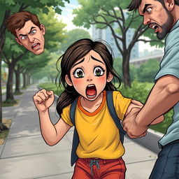 A dramatic illustration depicting a kidnapping scene in an urban setting, perhaps near a park or pathway
