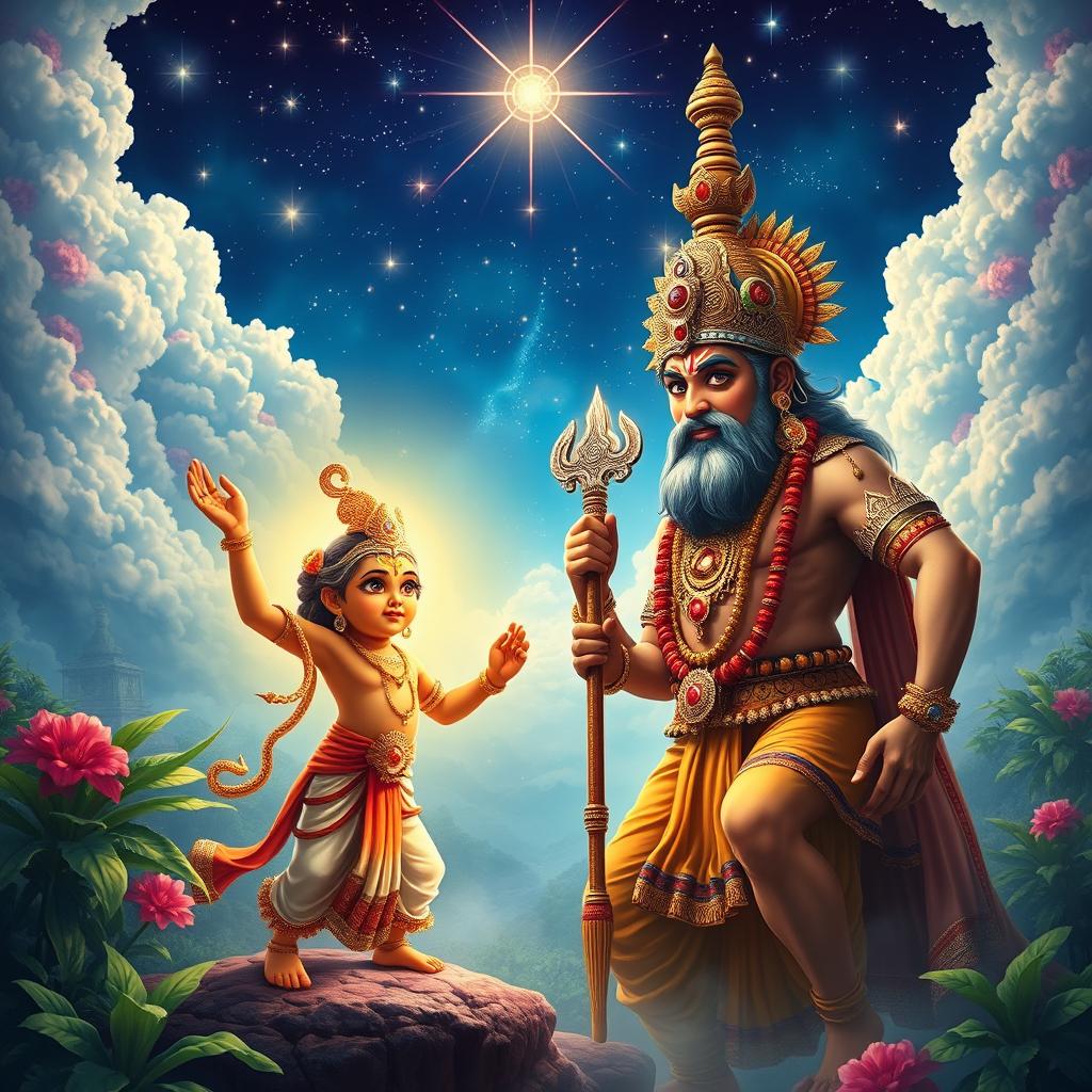 An epic depiction of the mythological story of Raja Bali and Vamana Avatar