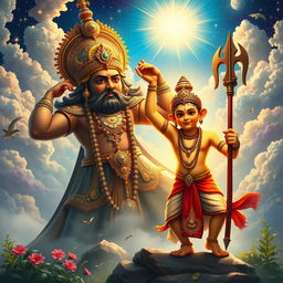An epic depiction of the mythological story of Raja Bali and Vamana Avatar